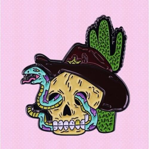 Skull and snake cactus Cowboy Tattoo design enamel pin gothic art brooch
