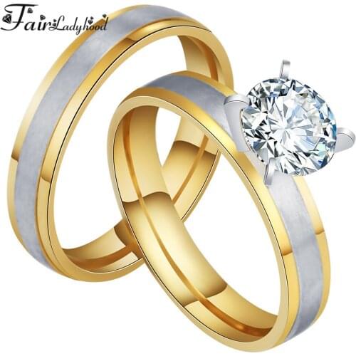 FairLadyHood Zircon Couple Titanium Stainless Steel Wedding Rings For Women Mens Jewelry Anniversary Marriage Best Fashion Gift
