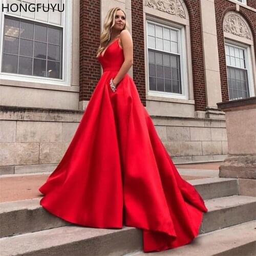 HONGFUYU Red Prom Dresses With Rhinestone Pockets V-neck 2021 A-line Satin Vestido De Formatura Women Formal Evening Dress Train