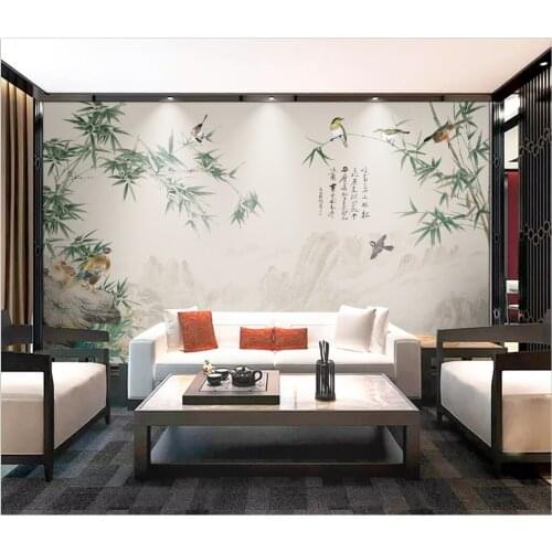 Customized light luxury new Chinese bamboo flower and bird background for living room, bedroom, elderly room, office decoration