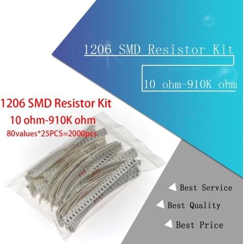 2000PCS 10 ohm-910K ohm 1206 SMD Resistor Kit Assorted set 5% 80values*25PCS SMD Resistors 10K 470/100/680 ohm resistance pack