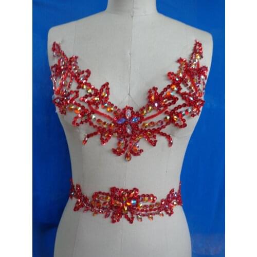 Pure hand made red sew on Rhinestones applique crystals patches 29*26cm/38*7cm for dress DIY dress accessory