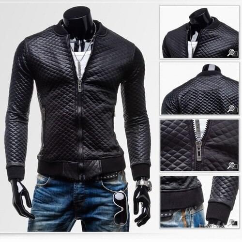New Winter 2020 Mens Plaid Quilted PU Leather Short Paragraph Jacket Thick Collar Casual Washed PU Leather Motorcycle Jacket