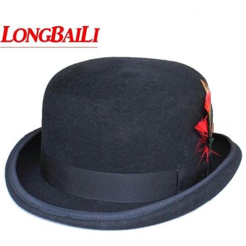 Dress Mens Black Wool Magic Top Hats With Feather Chapeu Masculino Performing Hats Free Shipping PWFR115