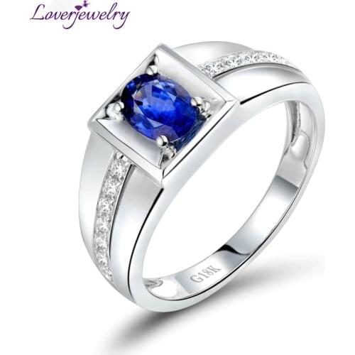 LOVERJEWELRY Man Sapphire Ring Solid 18Kt White Gold Natural Diamond Blue Sapphire Mens Ring Oval 4x6mm Gemstone For Husband