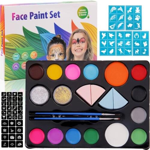 Face Painting Kit Body Face Paint with 14 Colors 2 Glitters 2 Brushes 4 Sponges 9 Stencils for Halloween Cosplay Party Makeup
