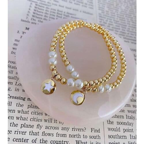 5PCS, Fashion Gold Color Copper and Pearl Beads Star Moon Charms Beaded Bracelets for Women Charm Party Jewelry Gift