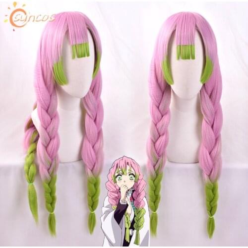 Blade of Demon Slayer Kanroji Mitsuri Gradient Color Hair Cosplay Wig Kimetsu no Yaiba Pink Mixed Green Cosplay Wig + Wig Cap