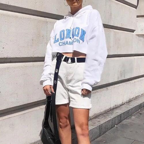 Pullover Autumn Spring Sweatshirt Women Short Hoodies Letter Print Slim Casual Midriff White Long Sleeve Crop Top Ladies Hoodies