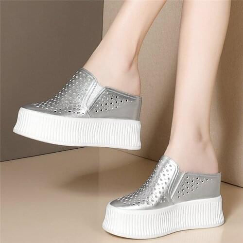 2020 Slippers Women Genuine Leather Wedges High Heel Gladiator Sandals Female Round Toe Platform Pumps Shoes Fashion Sneakers