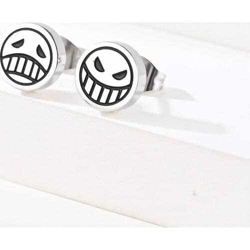 Korean Japan Style Small Mini Round Pirate Smile Cry Face Piercing Stud Earrings Stainless Steel Simple Unisex Student Jewelry