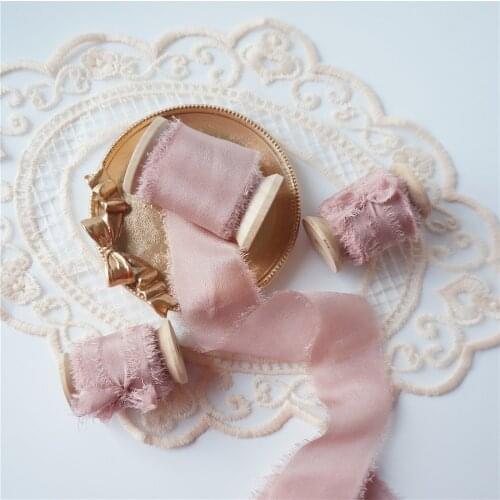 Ins style silk ribbon 5mts/roll woodenspools 100% Pure Silk Frayed Edged Ribbon dusty pink wedding packaging pure silk ribbon