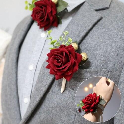 Wedding Bridal & Broom Wrist Flower And Corsage Imitation Rose Flower Boutonniere Hand Flower Bracelets For Marriage Accessories