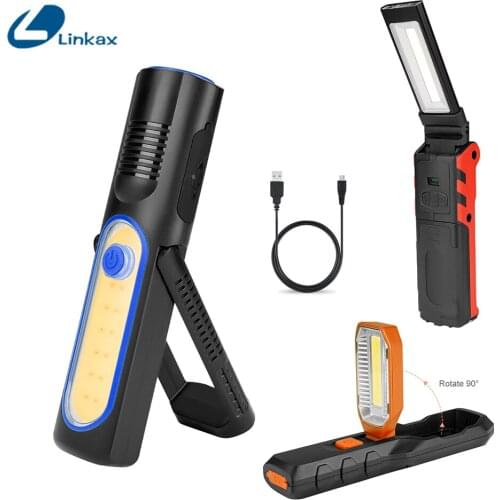 USB Rechargeable Working Light COB LED Flashlight Inspection Lamp with Magnetic Base Hook Outdoor Power Bank