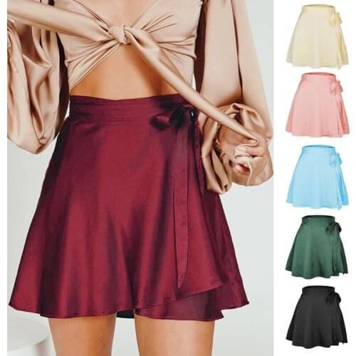 Female Chiffon Satin Wrap Pleated Mini Skirt 2021 Women Summer Tie Side High Waist Solid Color Flared A-Line Skirt Streetwear