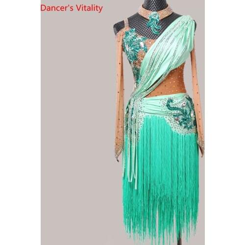 Women Latin Dance Wear Racing Performance Costume Long Sleeve Tassel Dress Professional Rumba Samba Tango Dancing Stage Outfits