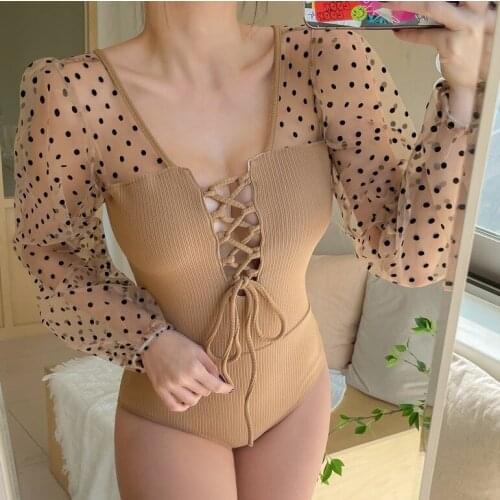 2021 New Korean One Piece Swimsuit Woman Summer Bandage Long Sleeve Dot Swimwear Female Swimming Bathing Suit