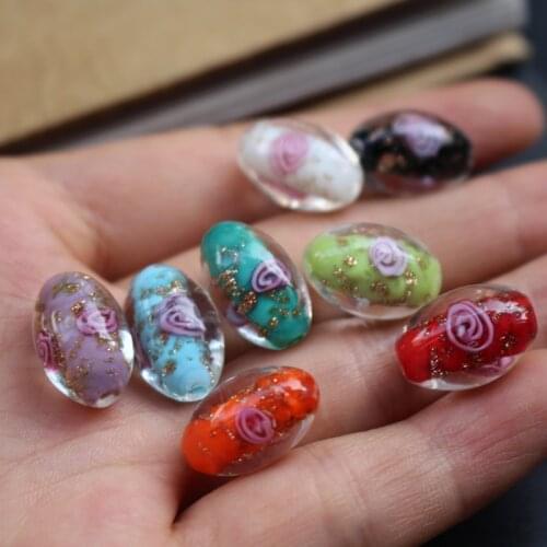 10Pcs 16*11mm Handmade Lampwork Glass Beads Flower with Gold Powder Oval shape Multi-Color Fine Charm Beads for Jewelry Earring