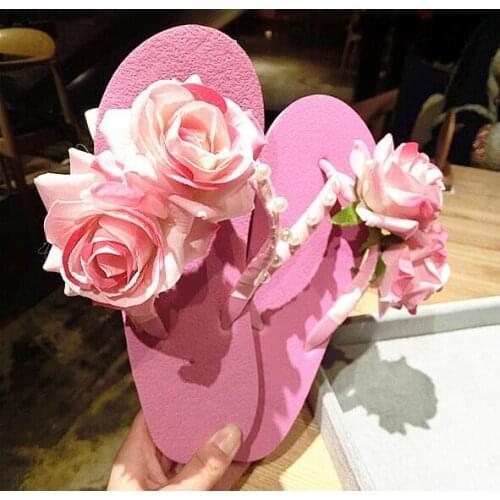 2017 pink women sandals Pearl beach larger flowers slippers The roses goddess flip-flops