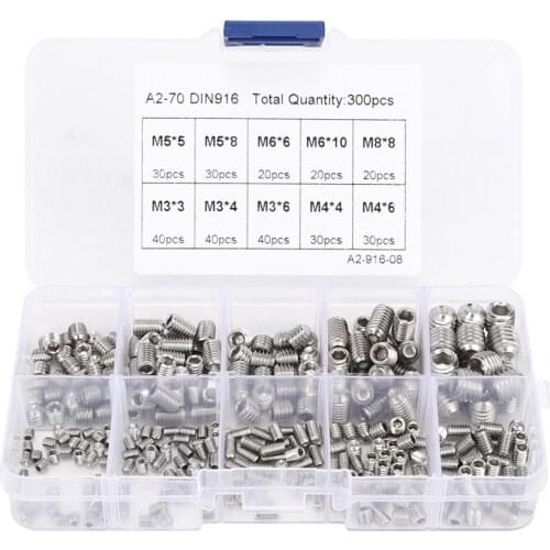 300Pcs M3/M4/M5/M6/M8 Set Screw Stainless Steel Hex Socket Screw Assortment Set