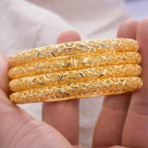 24K Dubai 4pcs Gold Bangles for Women Gold Color Bracelets Copper Jewelry African/Ethiopian Bridal Wedding Gifts