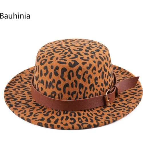 Bauhinia Trend Unisex Flat Brim Wool Felt Jazz Fedora Hats For Women British Style Vintage Leopard Hats
