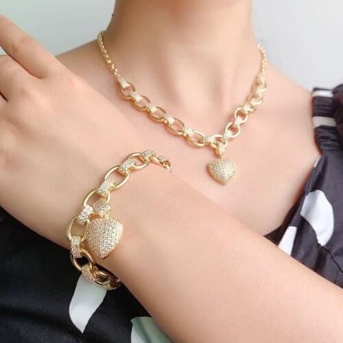 Trendy 18Kgold Colors Heart shape Pendant Necklace bracelet set Link Chain Choker adjust Women Wedding heart Jewelry