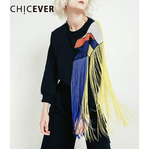 CHICEVER Hit Color Sweatshirts For Women O Neck Long Sleeve Patchwork Tassels Asymmetrical Hem High Street Pullovers Female 2021
