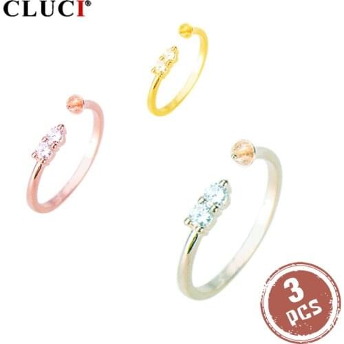 CLUCI 3pcs 925 Sterling Silver Adjustable Pearl Ring Mounting for Women Jewelry Silver 925 Open Zircon Rose Gold Rings SR2094SB