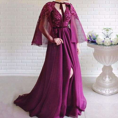 Purple Evening Dresses with Jacket V-Neck Appliques A-Line Dubai Arabic Side Split Prom Dresses Long Tulle Party Gowns 2020