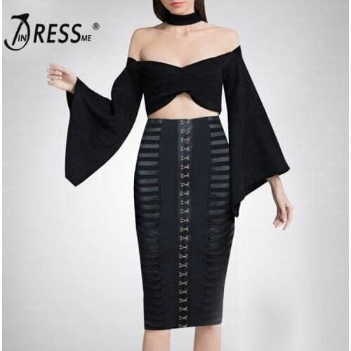 INDRESSME Fashion Autumn Women Bandage 2 Piece Set Hollow Out Knee Length Skirt Sexy Full Sleeve Off Shoulder Halter Crop Top