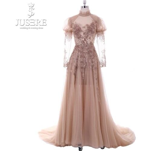 Jusere Top Occasion High Neckline Long Sleeves Illusion Bodice Zipper Back Appliques Lace Beaded Formal Sexy Evening Dress 2018