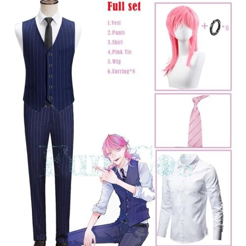 Anime Tokyo Revengers Sanzu Haruchiyo Akashi Cosplay Costume Wig Earrings Blue Stripes Vest Pants Shirt Pink Tie Tenjiku Uniform