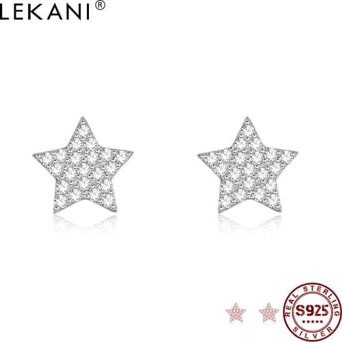 LEKANI 925 Sterling Silver For Women Trendy Star Stud Earrings Clear Cubic Zirconia Small Earrings Fine Silver 925 Jewelry