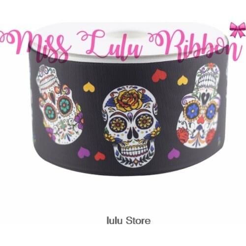 3"75mm Mexican Skull Printed Grosgrain Ribbon Cartoon Ribbon DIY Handmade Hair Bow hair accessories tape 50Yards/roll