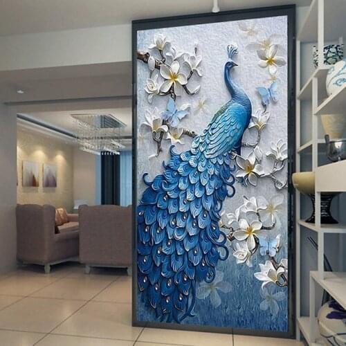Custom Mural European Style 3D Embossed Blue Peacock Wall Cloth Living Room Hotel Entrance Backdrop Wall Paper Home Decor Fresco
