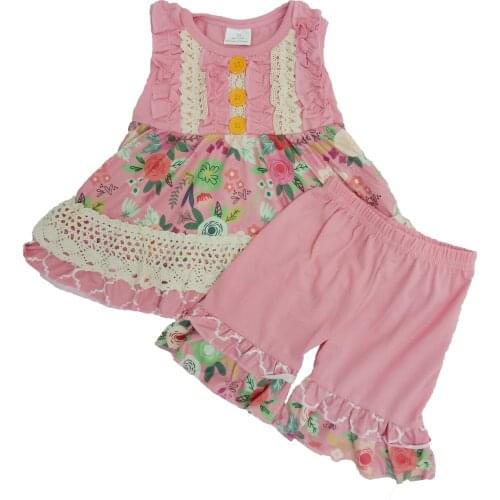 2020 New 2PCS Children Baby Girls clothing Pink Flower Design Lace Stitching short dress Ruffles pants boutique clothing