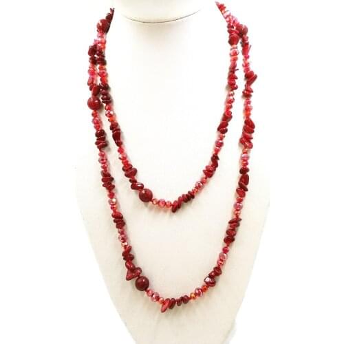 New Arrival Beautiful Long Knotted Navy Blue And Red Colors Chips Glass Beads Sweater Necklaces with Semi-Precious Stones