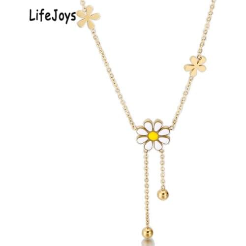 Stainless Steel Daisy Necklace White Enamel Flower Pendant Women Collar Jewelry Cute Fashion Choker Gold Color Female Gift