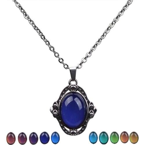Pendant Necklace Temperature Control Color Change Necklace Stainless Steel Chain Mood Necklaces Retro Palace Elliptic Jewelry