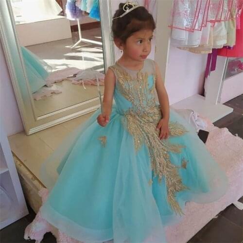 Luxury beaded lace flower girl dress for wedding party o neck puffy tulle ball gown kids baby girl birthday dress