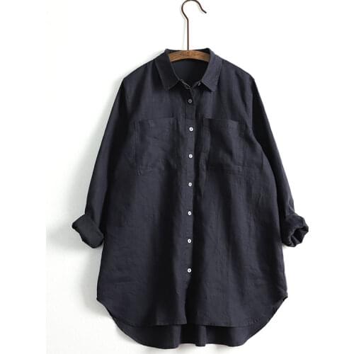 Pure linen long sleeve shirt big patch bag boyfriends loose mid length sunscreen summer womens 2020-03