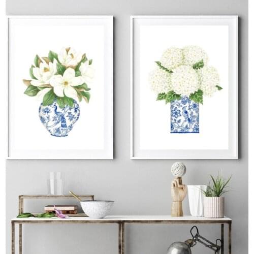 Blue and White China Magnolia Hydrangea Prints Chinoiserie Art Canvas Painting Gallery Wall Art Picture Poster Trendy Wall Decor