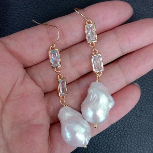 YYGEM natural Nucleated Flameball Baroque Pearl Cz pave Chain Dangle Hook Earrings