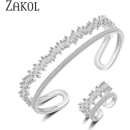 ZAKOL New Arrival Round Shape Jewelry Set Exquisite Micro Pave Setting Cuff Bracelet Bangle & Ring Set Bijoux FSSP376