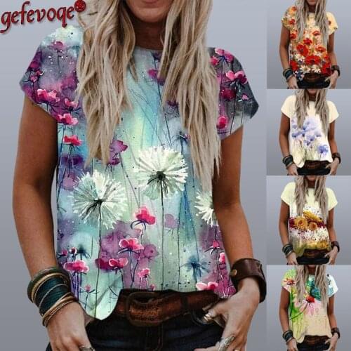 Women 2021 Casual Loose Streetwear Round Neck Short Sleeve Flower Printing Tops Summer Fashion Tee Shirt Plus Size Clothes