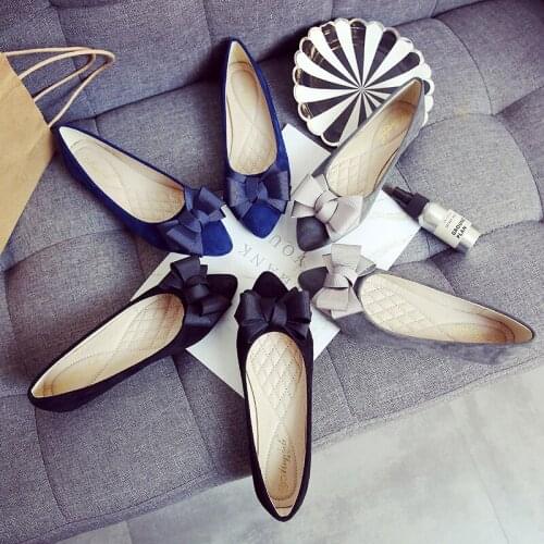 Bow-knot women single shoes solid flock pointed toe shallow loafers cozy lazy slip on driving shoes black work shoes espadrilles