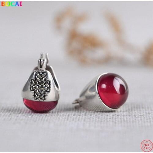 BOCAI S925 Sterling Silver Earrings 2021 Popular Sphere Corundum Marcasite Cross Jewelry Pure Argentum Charm Earstuds for Women