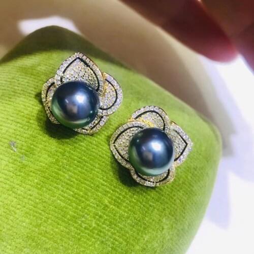 HENGSHENG New Arrival 8-9mm Natural-Ocean Tahiti Pearls Stud Earrings Women 925 Sterling Silver Flower Earring Wedding Jewelry