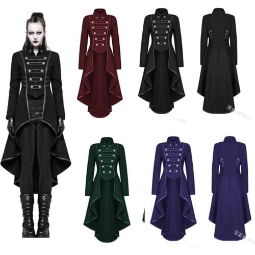 Gothic Medieval Women Vintage Cosplay Jacket Stand Collar Steampunk Long Coat Irregular Overcoat Ladies Retro Jacket Costume
